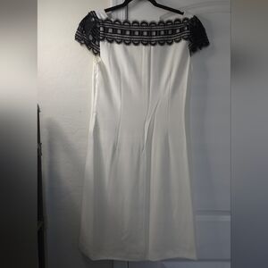 iBLUES Dress Sz 10 Made in Italy White Black Lace Off Shoulder